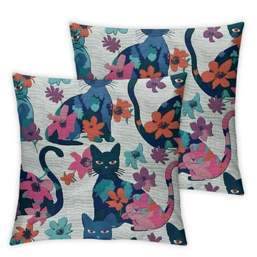 Ullo0ord  Cat Print Throw Pillow Cushion Case, Animals in Vivid Colors Flowers Funny Kittens Pattern, Decorative Square Accent Pillow Cover,  Multicolor
