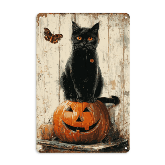 Ullo0ord Charming Vintage Halloween Black Cat Pumpkin Metal Tin Sign - Rustic Wall Decor for Home, Cafe, Bar, Living Room, Club, Garage - Durable Iron, Easy to Hang, 8x12 Inches
