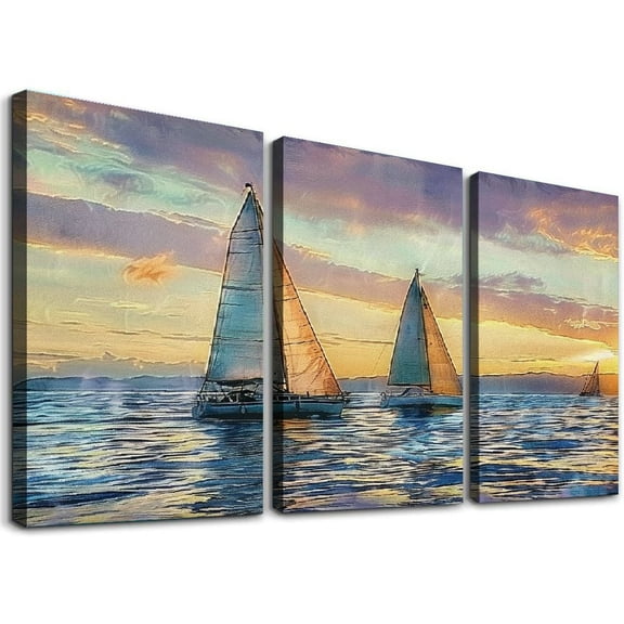 Ullo0ord Coastal Framed Wooden Wall Art: Ocean Painting Art Sail Boats Artwork Decor Sunset Seascape Picture Prints for Bedroom