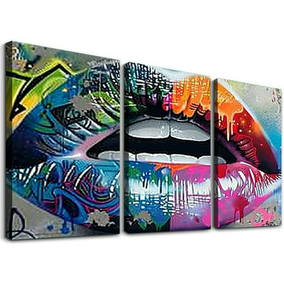 Ullo0ord Color Lips Canvas Wall Art Banksy Street Graffiti Pictures Wall Decor Colorful Mouth Artwork Painting Abstract Poster Print for Home Living room Bedroom Bathroom Office  12x16x3pcs
