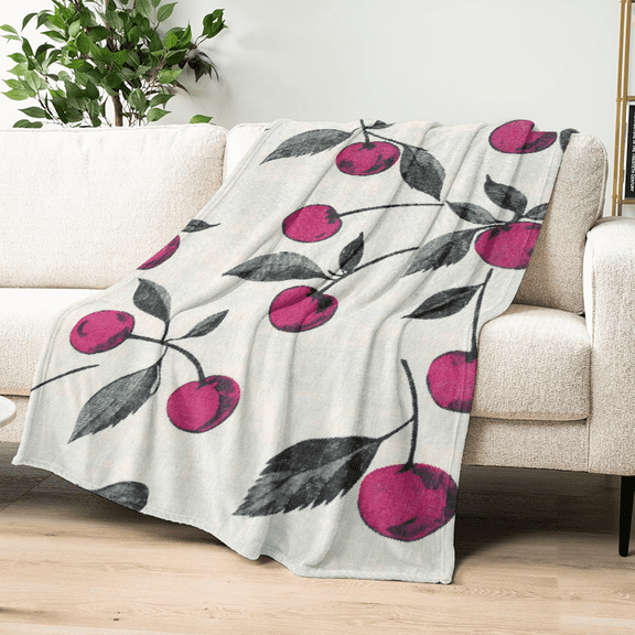 Ullo0ord Cozy Vintage Cherry Print Flannel Throw Blanket - Soft, Warm &amp; Lightweight for Couch, Bed, Office, and Travel - Versatile All-Season Comfort, Perfect Gift Idea