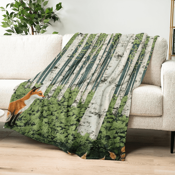 Ullo0ord Cozy Vintage Fox Forest Print Flannel Throw Blanket - Soft, Warm & Lightweight for Couch, Bed, Office, and Camping - Versatile All-Season Comfort, Perfect Gift Idea