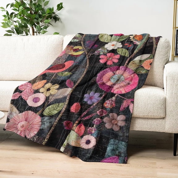 Ullo0ord Cozy Vintage-Inspired Flannel Throw Blanket with Floral & Bird Print - Soft, Warm, and Versatile for Couch, Bed, Car, Office, Camping - All-Season Gift Idea