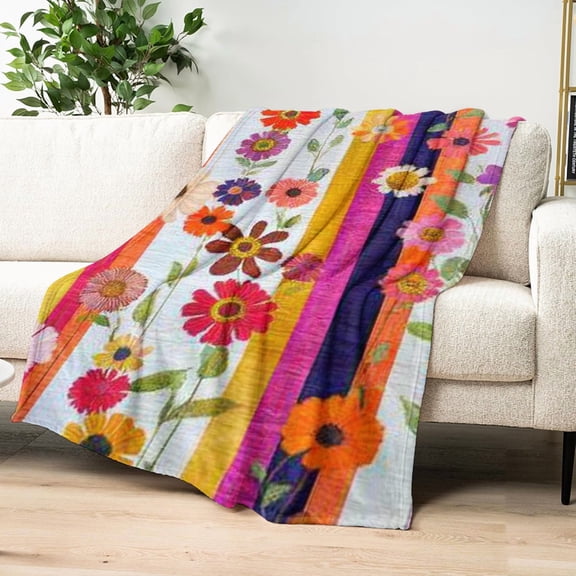 Ullo0ord Cozy Vintage Striped Floral Flannel Throw Blanket - Soft, Warm & Versatile for Couch, Bed, Car, Office, Camping _ All-Season Gift Idea