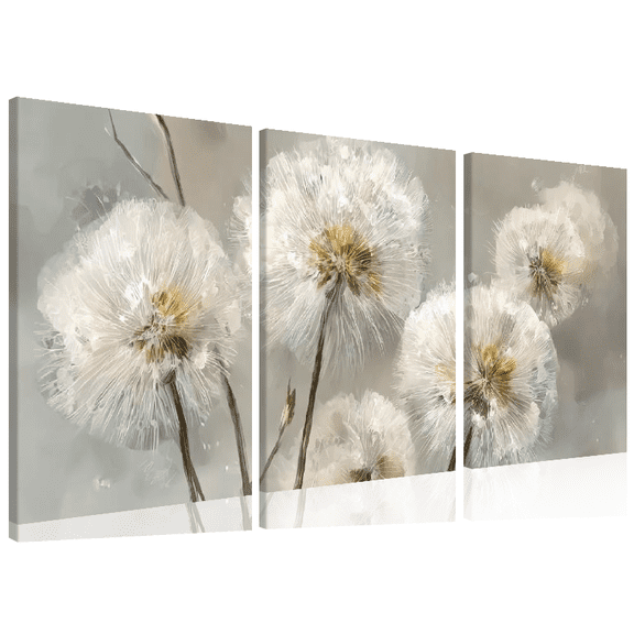 Ullo0ord Dandelion Wall Art Grey White Flower Canvas Print Flora Picture for Living Room Botanical Abstract Painting for Modern Home Decor Bedroom Decoration 12"x16"x3 Framed