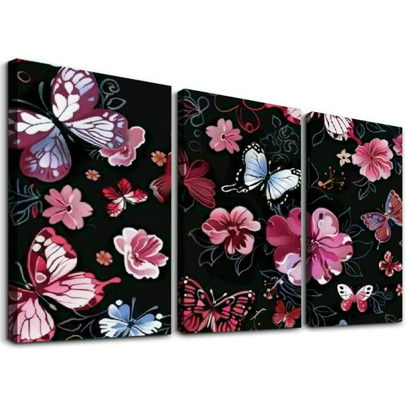 Ullo0ord Dark Floral Flower Pink Butterfly Canvas Wall Art Prints One Panel, Stretched and Framed Canvas Paintings Ready to Hang for Home Decorations Personalized Wall Decor