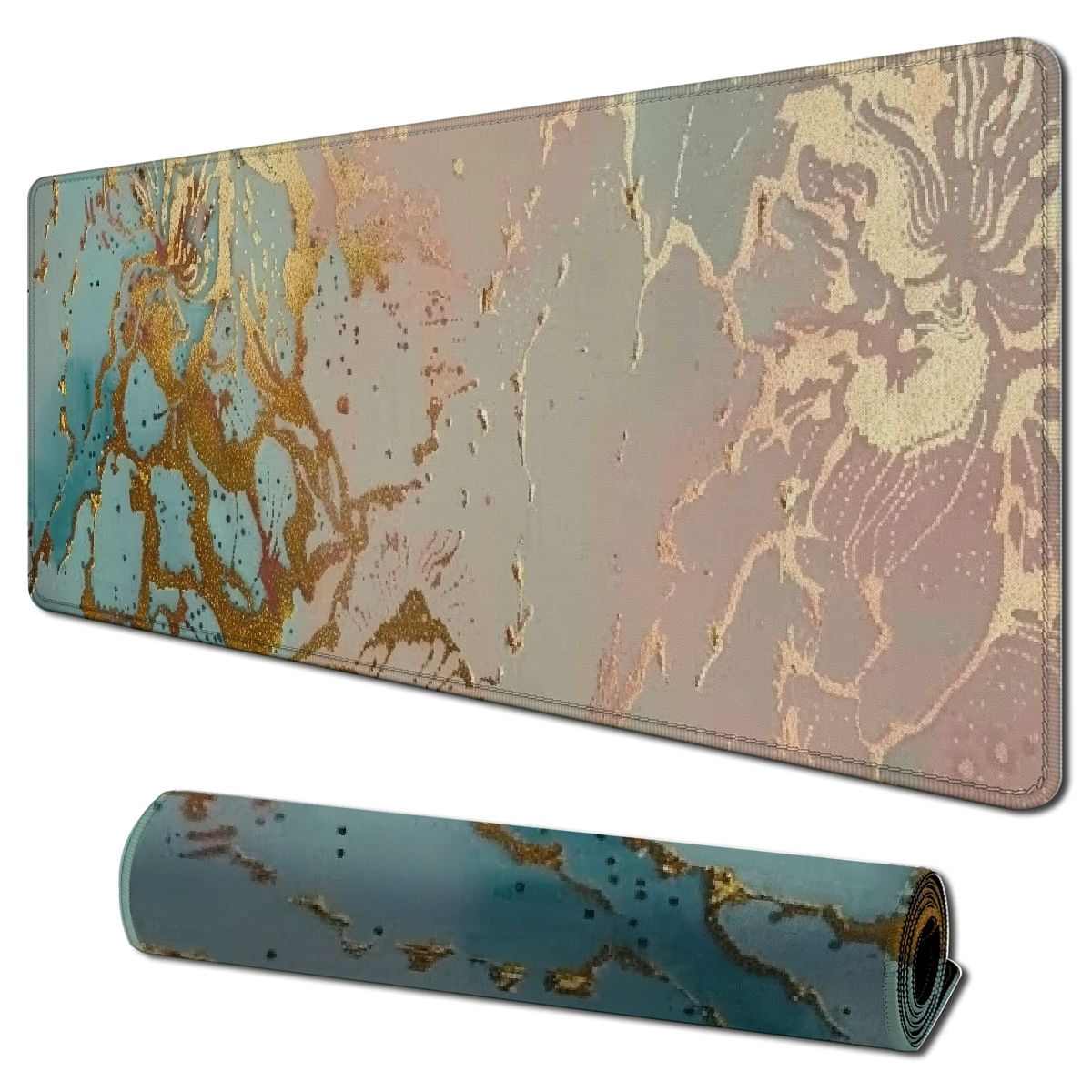 White Gold Marble Mouse Pad With Pink & Rose Gold Accents - Desk Decor Gift