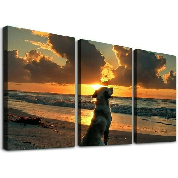 Ullo0ord Dog Sitting On The Beach Watching The Sunset Poster Decorative Painting Canvas Wall Posters And Art Picture Print Modern Family Bedroom Decor Posters (24x36inch-Framed)