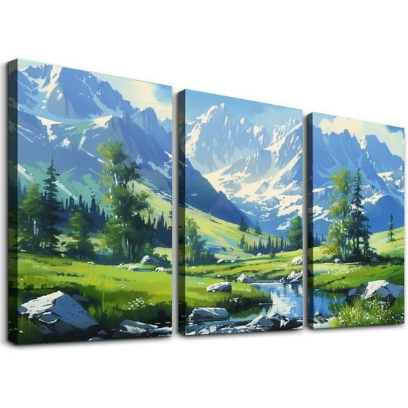 Ullo0ord Emerald Valley Mountain Landscape Painting Canvas Print Wall Art Serene Meadow Artwork Calming Nature Decor for Contemporary Rustic Homes