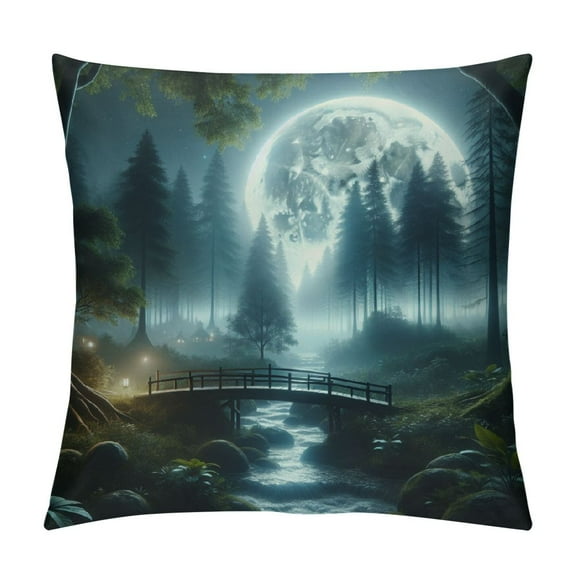 Ullo0ord Enchanted Pond Throw Pillow Cover Fantasy Fairy Tale Forest Red Mushroom Green Plants Leaves Meadow Tree Log Moon Blue Home Decor Pillowcase for Sofa 12x12in