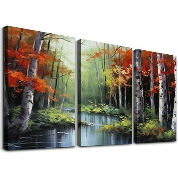 Ullo0ord Exter Large Wall Art for Living Room - Nature Wall Art for Bedroom - Modern Red Birch Tree Forest Picture Wall Decor Living Room - Landscape Wall Art Large Artwork for Wall 12x16x3pcs