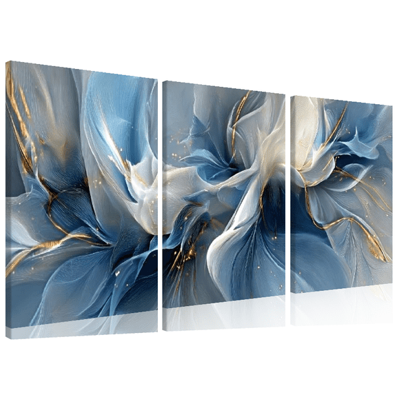 Ullo0ord Extra Large Modern Floral Canvas Wall Art - Blue White Golden Accent Painting, Frameless Contemporary Poster for Living Room Dorm - Large Format Home Decor Gift Idea 2D Flat 12*16inch*3pcs