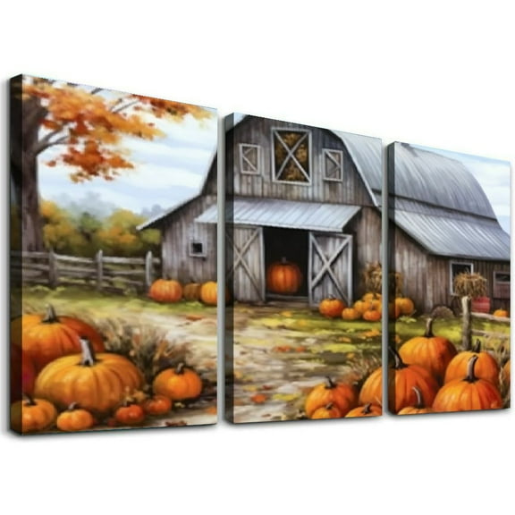Ullo0ord Fall Wall Art - Pumpkin Fall Barn Scene Canvas Wall Art - Autumn Decor Harvest Wall Art for Bathroom Bedroom Wall Prints Decor 12x16x3pcs