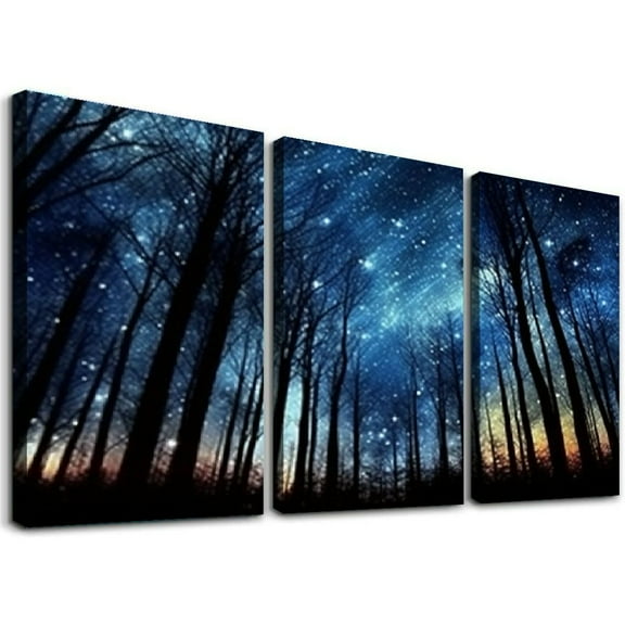 Ullo0ord Fancy Blue Starry Night Forest Tree Silhouette Canvas Wall Art Nature Scenery Picture Prints Home Office Wall Decoration Modern Contemporary Art 12x16x3pcs