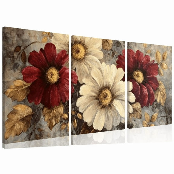 Ullo0ord Framed Canvas Wall Art - Modern Rustic Floral Design with Burgundy, Gray Tan Flowers, Wrapped Canvas for Living Room, Office, Kitchen, Dorm Decor, Canvas Wall Art 12*16inch*3pcs