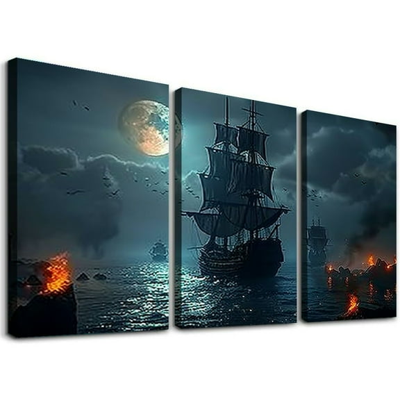 Ullo0ord Ghost Pirate Ship Decorations Art Prints Pirate Wall Art Nautical Sailboat Canvas Art Painting for Man Cave Bar Pirate Ship Canvas Wall Art Large Wall Art Pirate Pictures 12x16x3pcs
