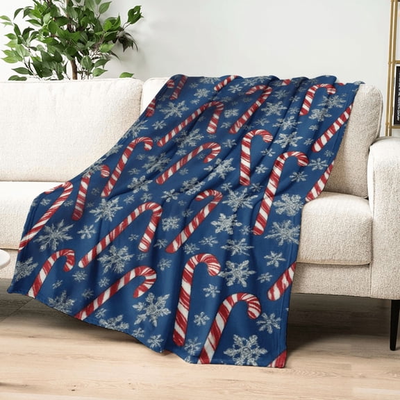 Ullo0ord Glam Style Christmas Throw Blanket with Candy Cane and Snowflakes Pattern, Soft Warm Knitted Polyester, Machine Washable, All-Season Multipurpose for Napping