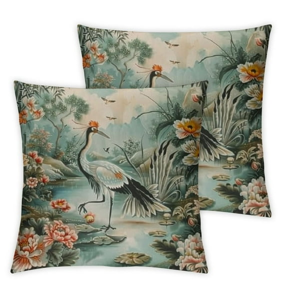Ullo0ord Japanese Crane Throw Pillow Covers Chinese Ink Painting Floral Lake Retro Willow Mountain Gray Blue Cozy Pillow Covers Set of 2 Living Room Bedroom Cushion Pillowcases 12x12in