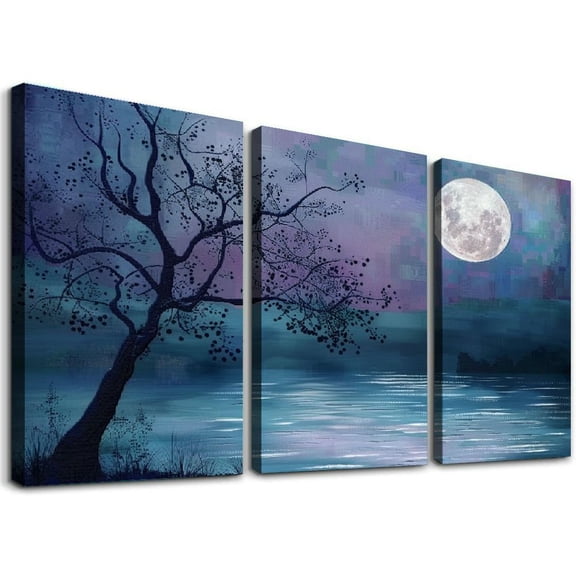 Ullo0ord Landscape Moonlight Nature Tree Canvas Wall Art Prints One Panel, Stretched and Framed Canvas Paintings Ready to Hang for Home Decorations Personalized Wall Decor