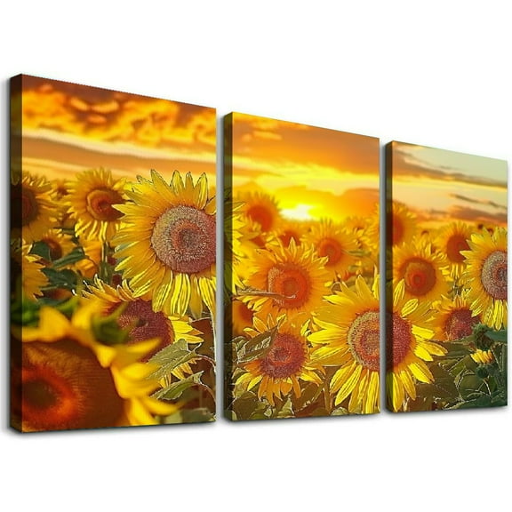 Ullo0ord Large Sunflower Yellow Flowers in Field Fall Picture on Canvas for Home Kitchen Wall Decor Stretched and Framed Ready to Hang