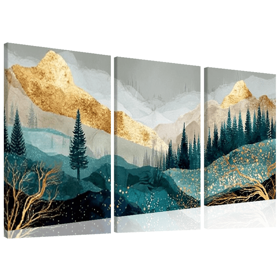 Ullo0ord Modern Abstract Landscape Canvas Wall Art Golden Wilderness Vintage-Inspired Nature Scene with Deer Mountains Multi-Color Teal, Golden Earth Tones Wooden Frame 12*16 inch*3pcs