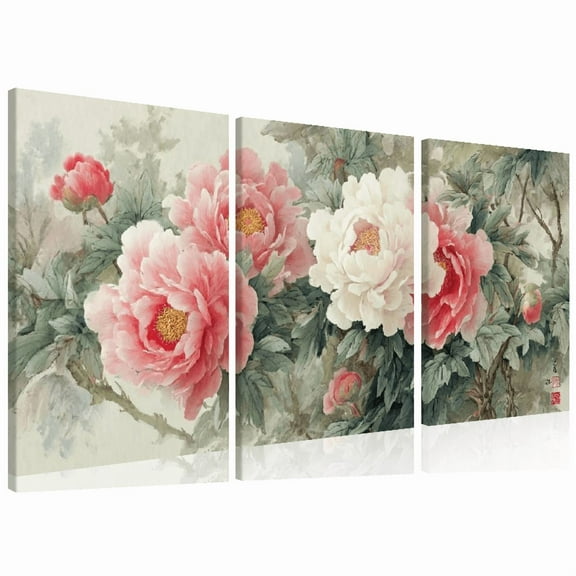 Ullo0ord Modern Abstract Peony Canvas Wall Art WoodFramed Floral Painting, High-Quality Print on Wrapped Canvas for Living Room, Bedroom, Bathroom, Office Kitchen Decor 12*16inch*3pcs
