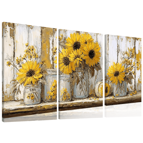 Ullo0ord Modern Abstract Sunflowers in Mason Jars Wall Art Rustic Background Canvas Painting for Living Room Bedroom Decor, Vibrant Yellow Sunflowers in Glass Jars, Perfect12*16inch*3pcs