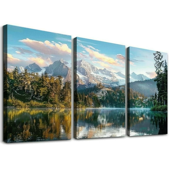 Ullo0ord Mountain Picture Canvas Wall Art Lake Woodland Reflection Landscape Nature Scenery Artwork for Bedroom Living Room Home Office