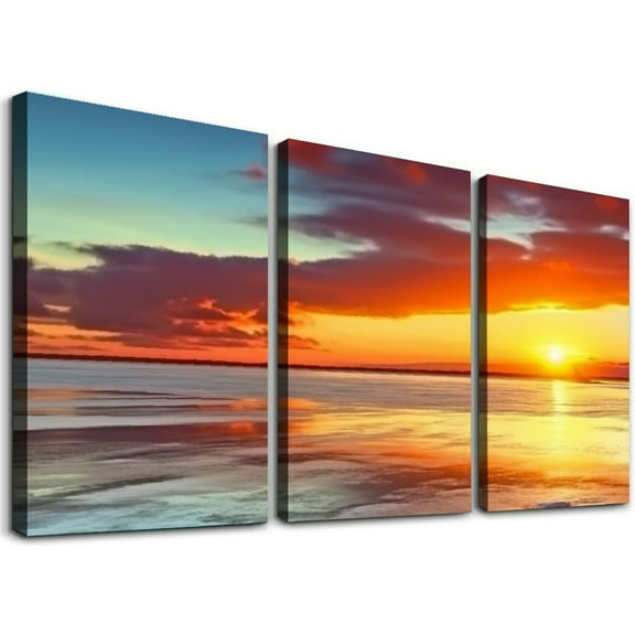 Ullo0ord Natural Landscape Pictures Canvas Painting Wall Art Waves Sunset Seascape Posters and Prints for Living Room Wall Decor With Golden Ready to Hang 12x16x3pcs