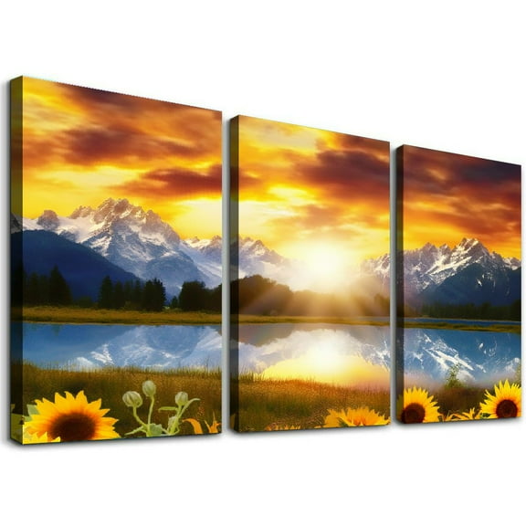 Ullo0ord Natural Landscape Wall Art Gable Art Prints Sunrise Mountain River Picture， National Park Canvas Painting Sunflower Lake Poster Modern Home Decor for Living Room Bedroom Office 12x16x3pcs