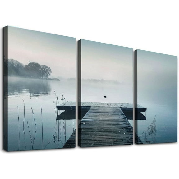 Ullo0ord Nature Landscape : Natural Lake Scene Picture Prints Bridge Dock Scenery Painting for Home Living Room Bedroom Office