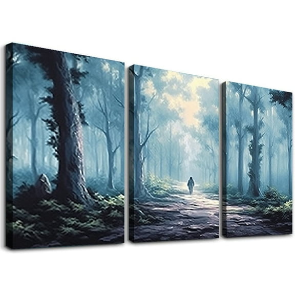 Ullo0ord Navy Blue Wall Art - Large Wall Art - Multi-layered Paint Overlay Effect Blue Leaves Plant Forest Picture Artwork Living Room Bedroom Wall Decor 12x16x3pcs