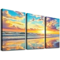 Ullo0ord Ocean Beach Large Wall Decor Coastal Sea Waves Pictures Wall Art Nature Sunset Seascape Canvas Print Painting Modern Home Artwork Decorations For Living Room Office 12x16x3pcs
