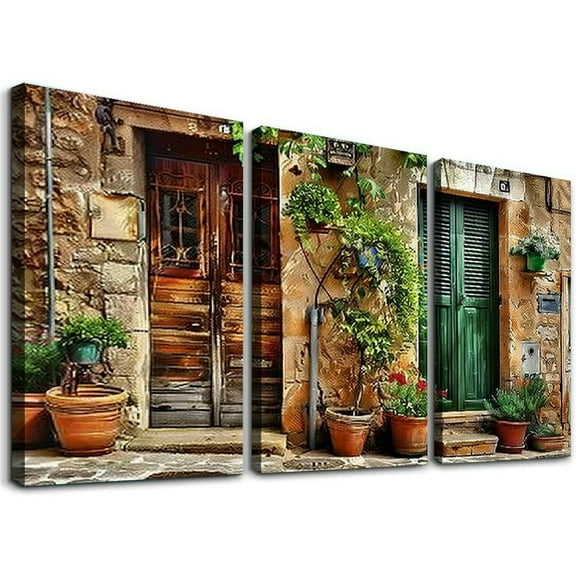 Ullo0ord Panoramic Picture of Old Mediterranean Towns Flower Door Windows Living Room Wall Art Canvas Print for Home Decor