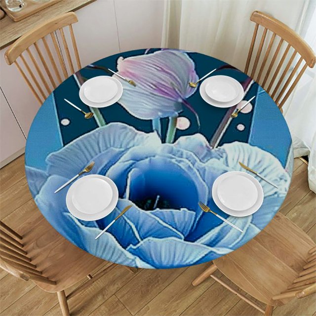 Ullo0ord Pearls Decor Round Fitted Tablecloth with Elastic Edge,Valentines Day Decorating Artwork Roses Heart Print Polyester Table Cloth, Fit Round Table up  Diameter, for Outdoor Indoor Use White