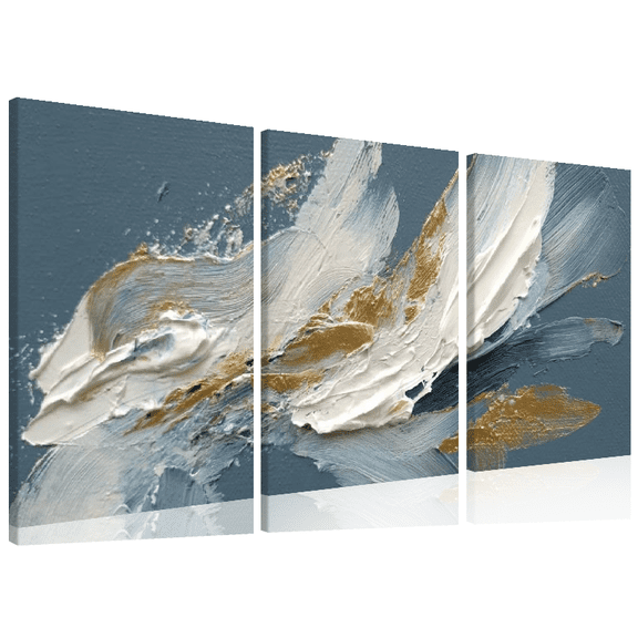 Ullo0ord Picture of white leaf with strokes of gold and blue floral colorful wall art set of 3 12x16inch each panel canvas stretched on woodframe