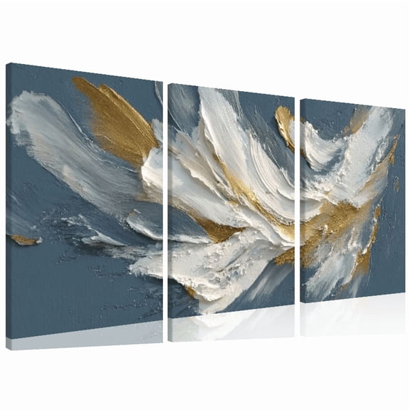Ullo0ord Picture of white leaf with strokes of gold and blue floral colorful wall art set of 3 12x16inch each panel canvas stretched on woodframe