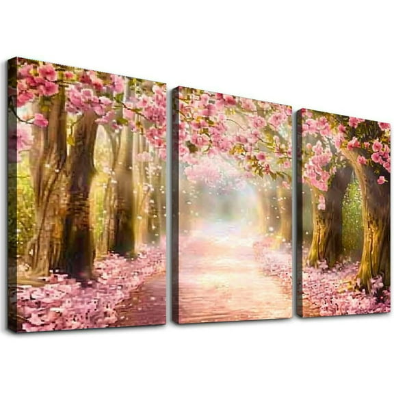 Ullo0ord  Pink Flower Picture Wall Art: Forest Tree Path Artwork Landscape Painting on Wrapped Canvas for Living Room