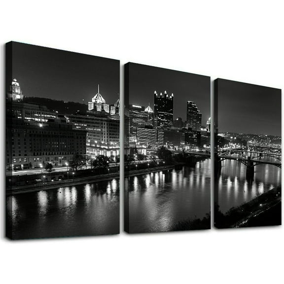 Ullo0ord  Pittsburgh City Skyline at Night, Black Canvas Wall Art Print, Pittsburgh Home Decor Artwork,