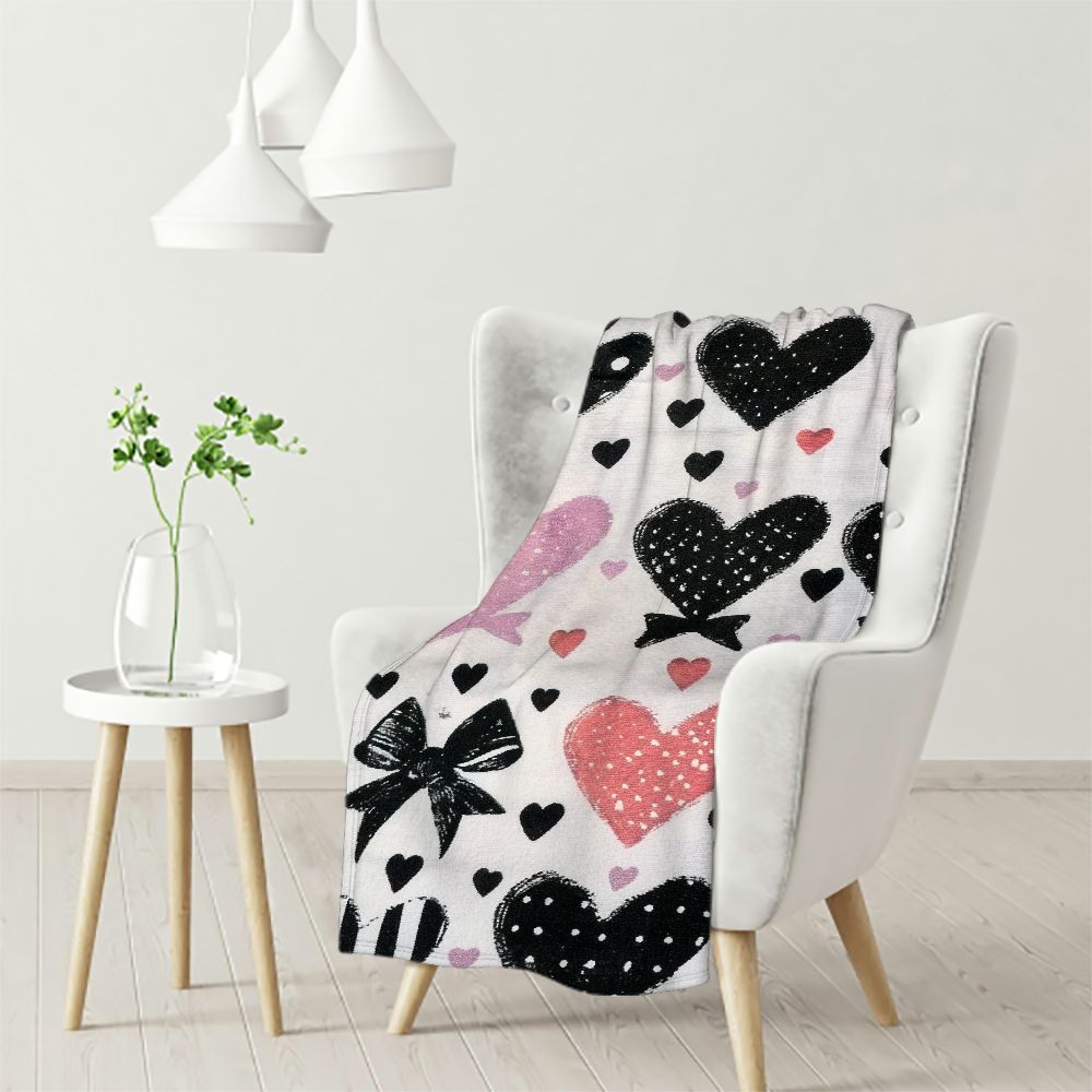 Ullo0ord Romantic Pink Black Hearts Bows Flannel Bed Blanket St