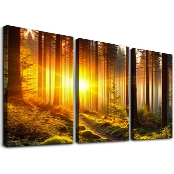 Ullo0ord Silent Forest in Spring with Beautiful Bright Sun Rays Canvas Prints Morning Scene Landscape Painting Giclee Art Work Long Pictures for Wall Decorations 12x16x3pcs
