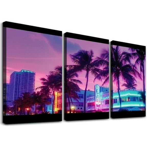 Ullo0ord South Beach Miami Beach FL Canvas Wall Art Print, Palm Tree Home Decor Artwork,