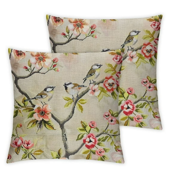 Ullo0ord Spring Floral Pillow Covers Brown Japanese Cherry Tree Blossom Throw Pillow Covers Outdoor Flower Bird Pillowcase Linen Cushion Cover for Sofa Couch Bedroom Home Decor