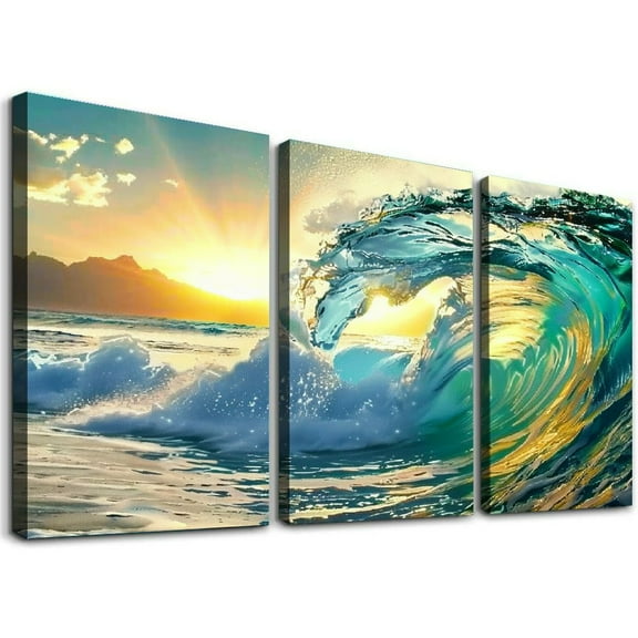 Ullo0ord Sunrise and Beach Giant Wave Water Poster, Modern Kitchen Wall Art Pictures Canvas Decor Painting,For Kitchen, Restaurant, Bar, Living Room