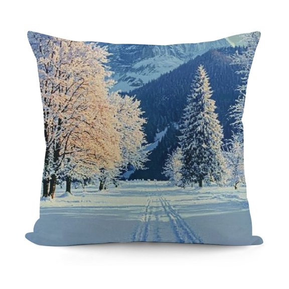 Ullo0ord Throw Pillow Cover Winter Landscape Ski Branch Beauty Sun Mountains Road Forest Snowy Nature Parks View Scene Outdoor Comfortable Decorative Cushion Pillowcase 24x24in
