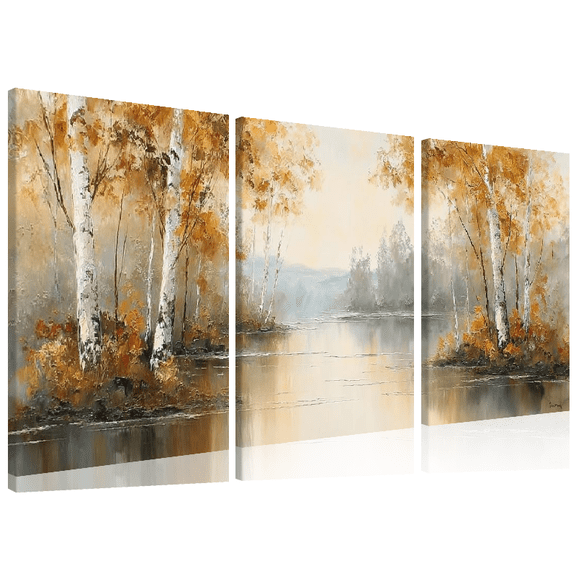 Ullo0ord Tranquility Landscape Canvas Wall Art - 1.5" Wrap Frame, Vintage Modern Style, Autumn Birch Tree Reflection in Water, Serene River Scene, Indoor Decor for Living Room12*16 inch*3pcs