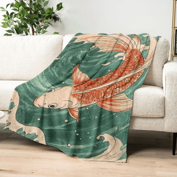 Ullo0ord Vintage Koi Fish and Wave Print Flannel Throw Blanket - Soft Cozy Polyester Knit for Sofa, Bed, Car, Office, Camping, Travel - All Season Digital Print Comfort Gift Blanket