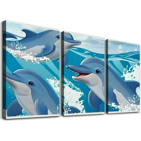 Ullo0ord Wall Art Prints One Piece 12x18 inch, Cute Lovely Cartoon Dolphin Sea Wave Oil Painting on Canvas with Wood Frame, Modern Artwork for Home Office Hotel Bar Wall Decor