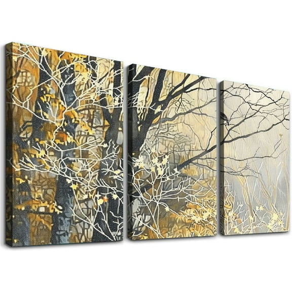 Ullo0ord White Tree Pictures Brown Forest Painting Modern Abstract Landscape Nature Artwork for Bedroom Bathroom Home Office Living Room Decorations