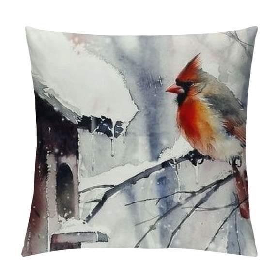 Ullo0ord Winter Cardinal Throw Pillow Covers Super Soft Watercolor Red Bird with Snow Capped Roof Tree Branch Decorative Square Cushion Cover Pillow Cases White